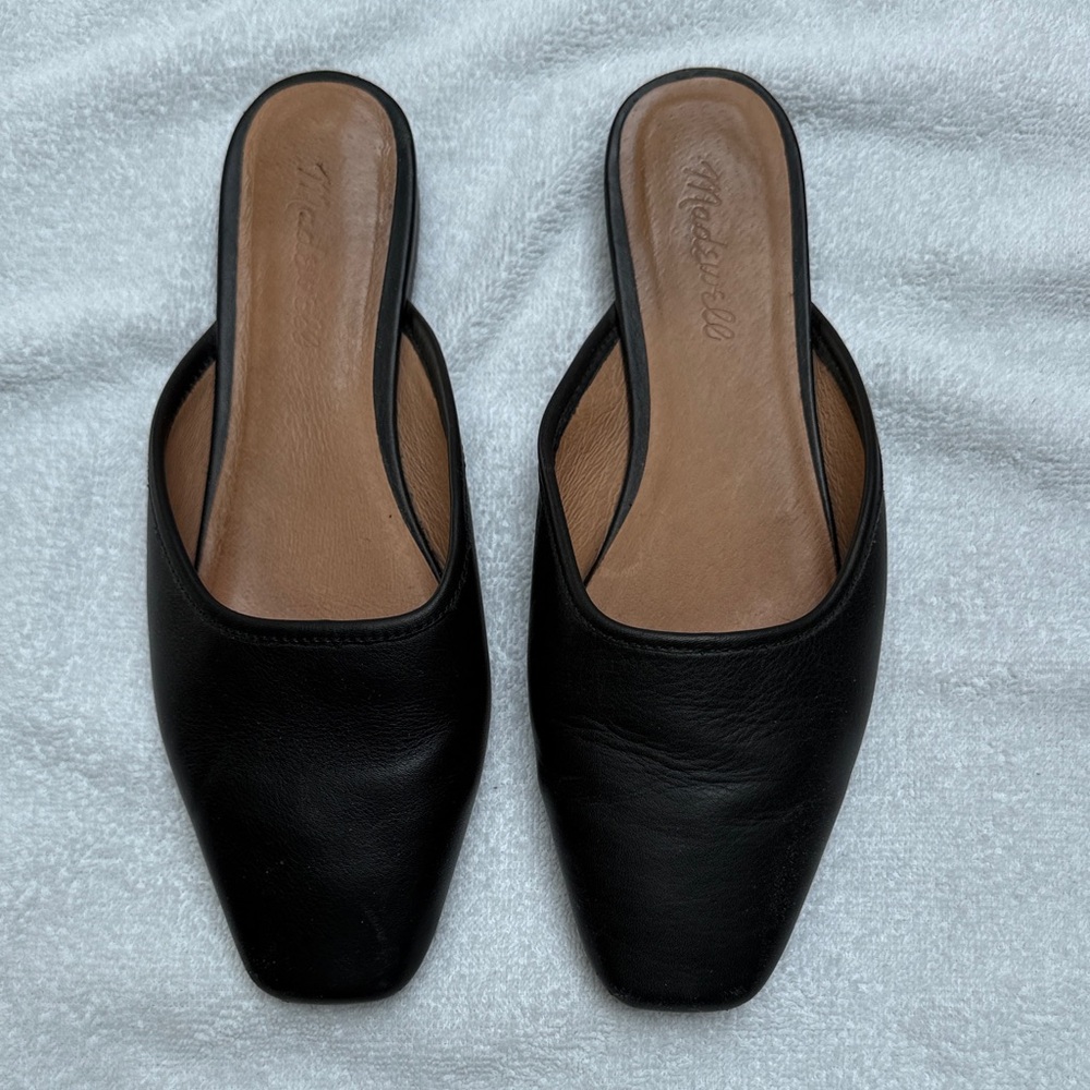Madewell Black Leather Square-Toe Slip-On Mules with Tan Insole